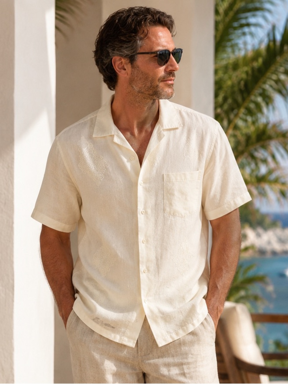 Banana Republic Resort Linen Embroidered Camp Shirt Coastal Old Havana Large